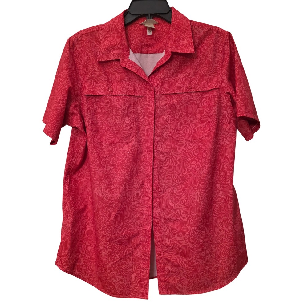 Duluth Trading Co Womens Red Topographic Print Short Sleeve Shirt L 3237-30